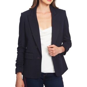 1. STATE Pinstripe Ruched Sleeves Open Front Blue Night Navy Blazer Jacket M